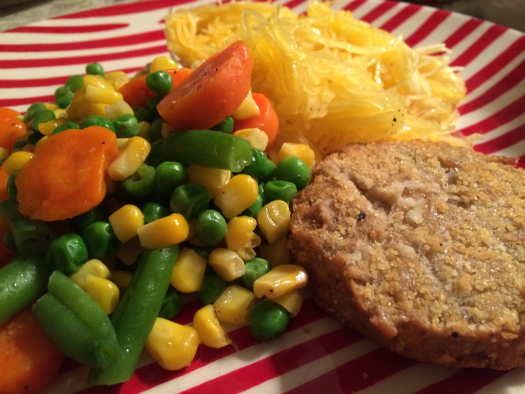 Sunday Cookout Smoked Vegan Crab Cakes With Smoked Spaghetti Squash and Steamed Vegetables.