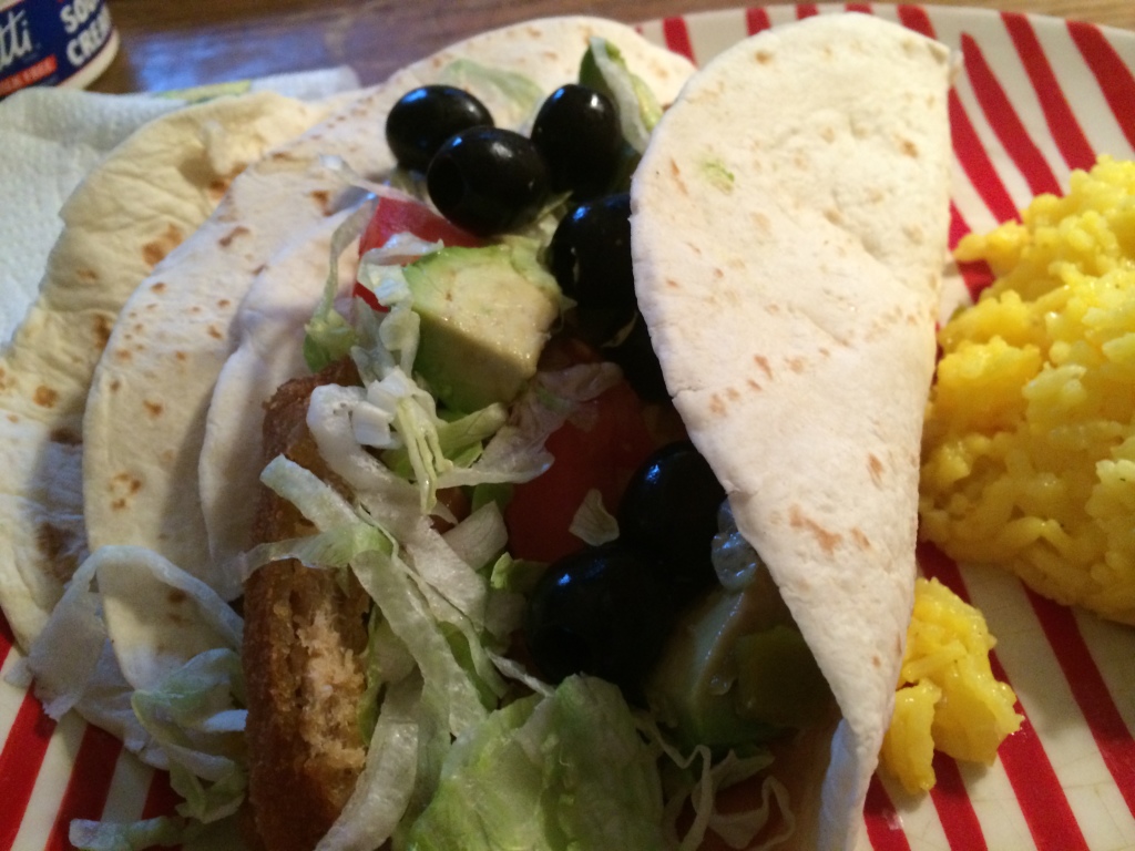 Pantry Cleanout Vegetarian Pinto Bean and Chik’n Tacos With Rice.