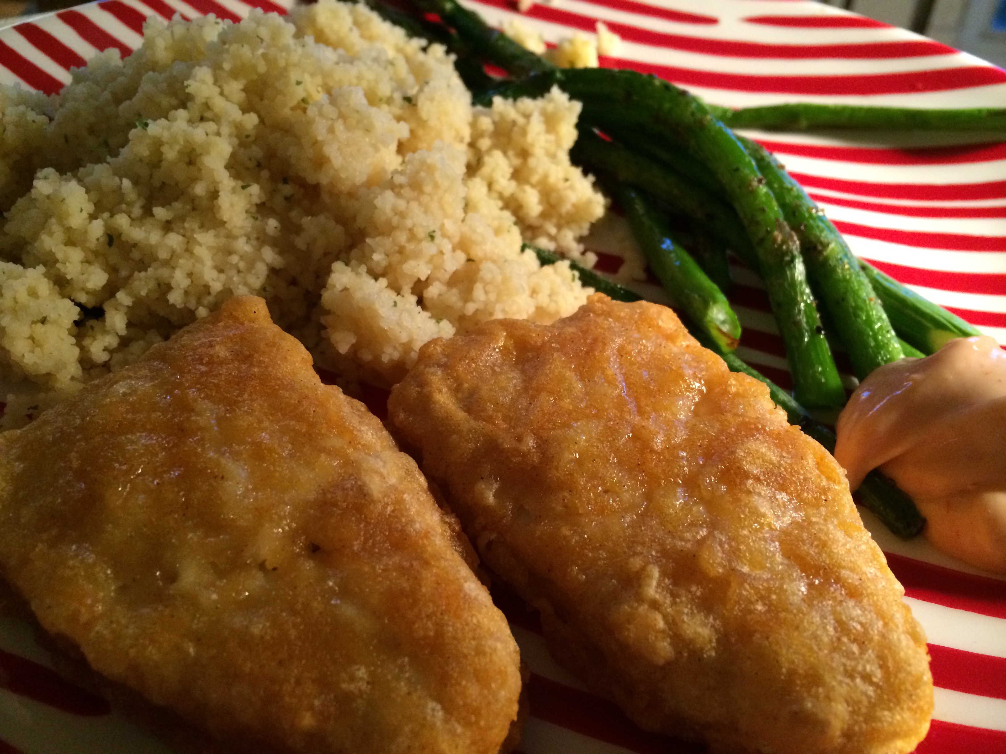 Vegan Fish Filets With Roasted Asparagus and Couscous.