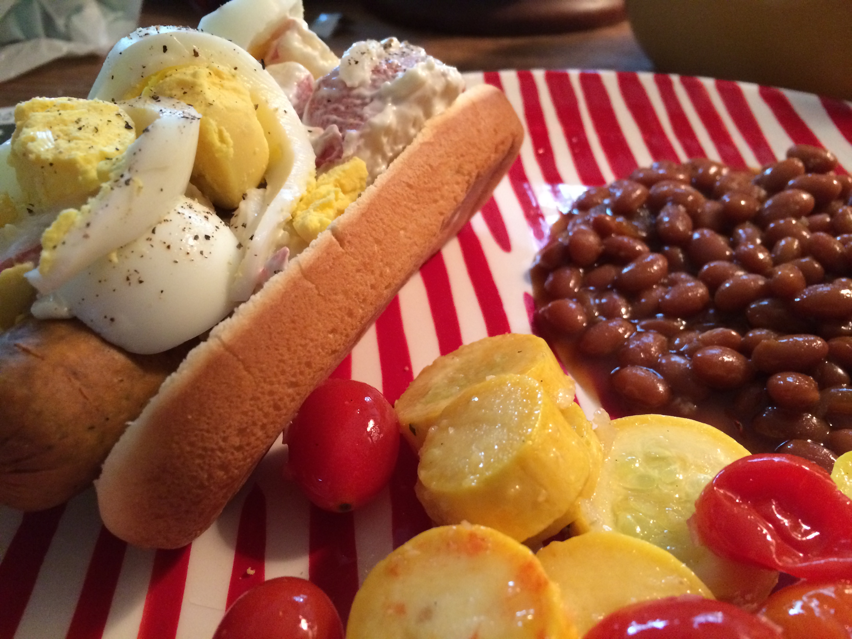 Sunday Cookout Anchorage Veggie Dogs With Grilled Squash and Baked Beans.