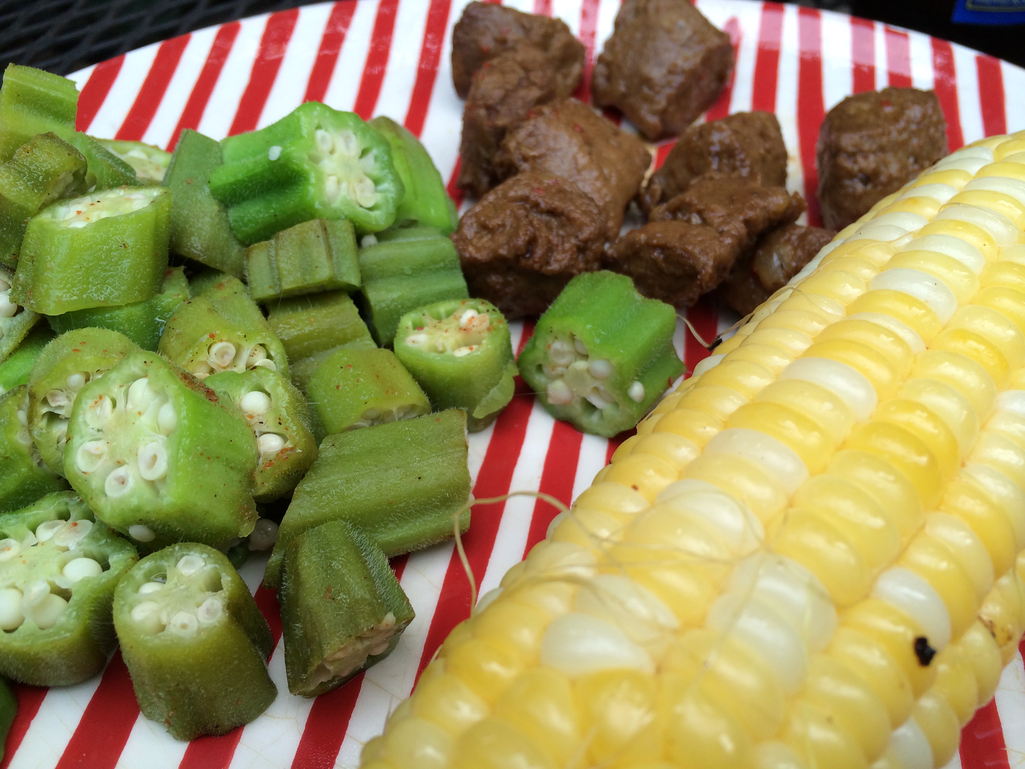 Sunday Cookout Vegan Beef Tips With Grilled Okra and Corn.
