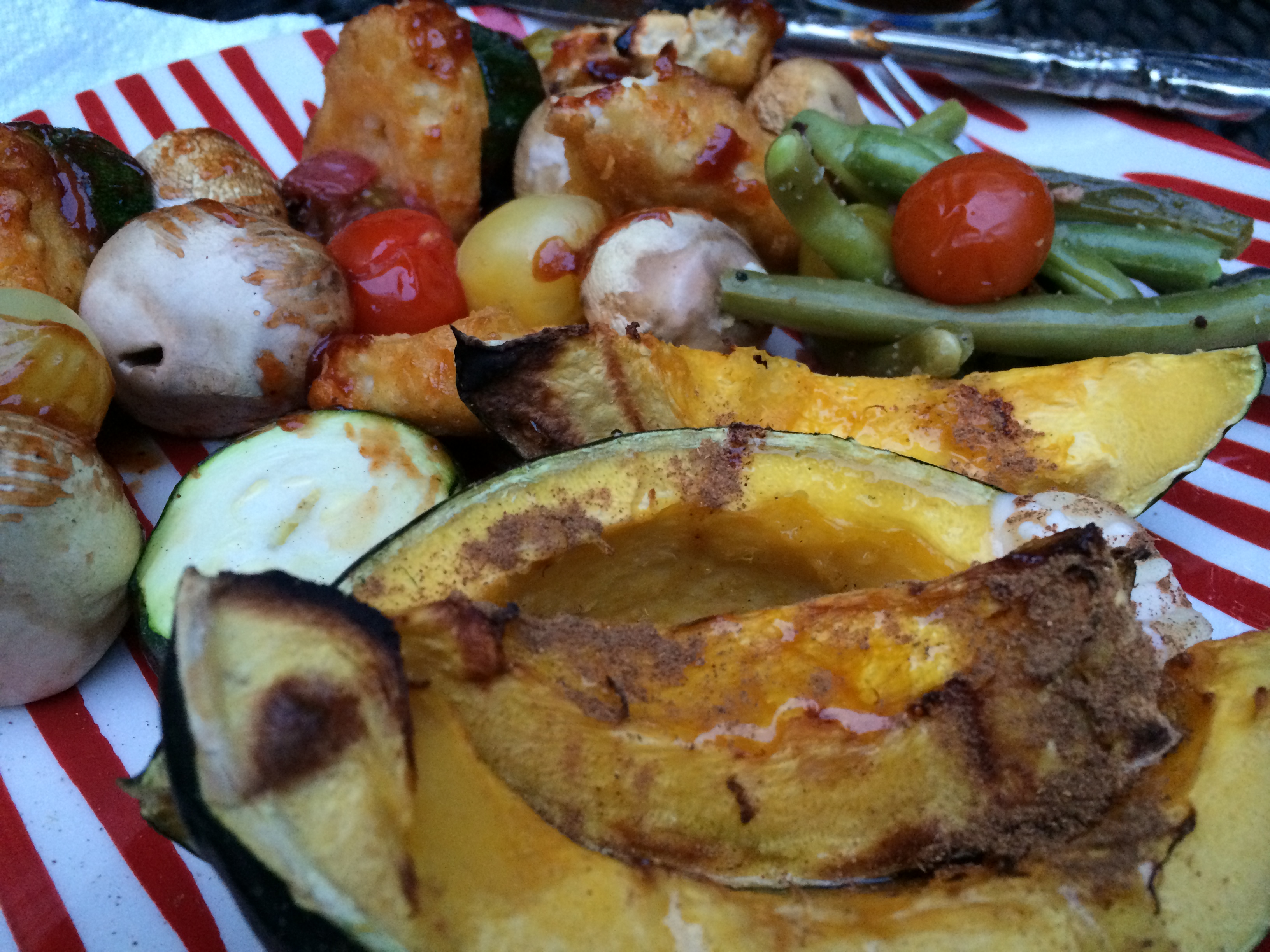 Sunday Cookout Vegan BBQ Fish Kebabs With Green Beans and Acorn Squash.