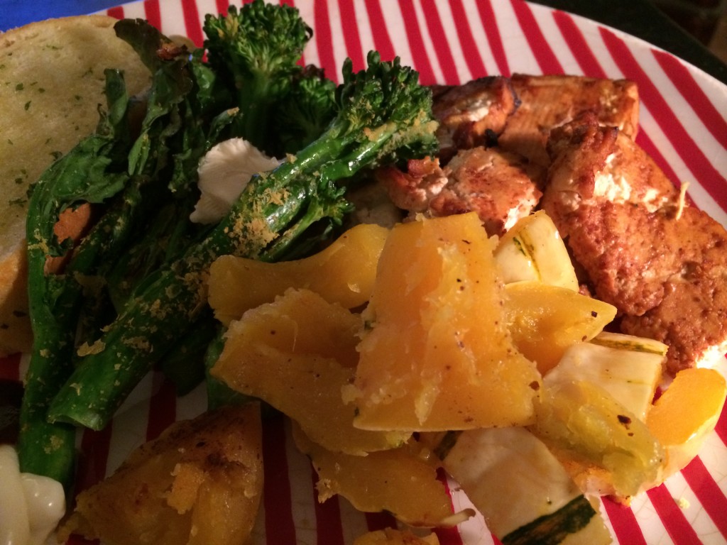 Sunday Cookout BBQ Tofu With Broccoli Rabe and Delicata Squash.
