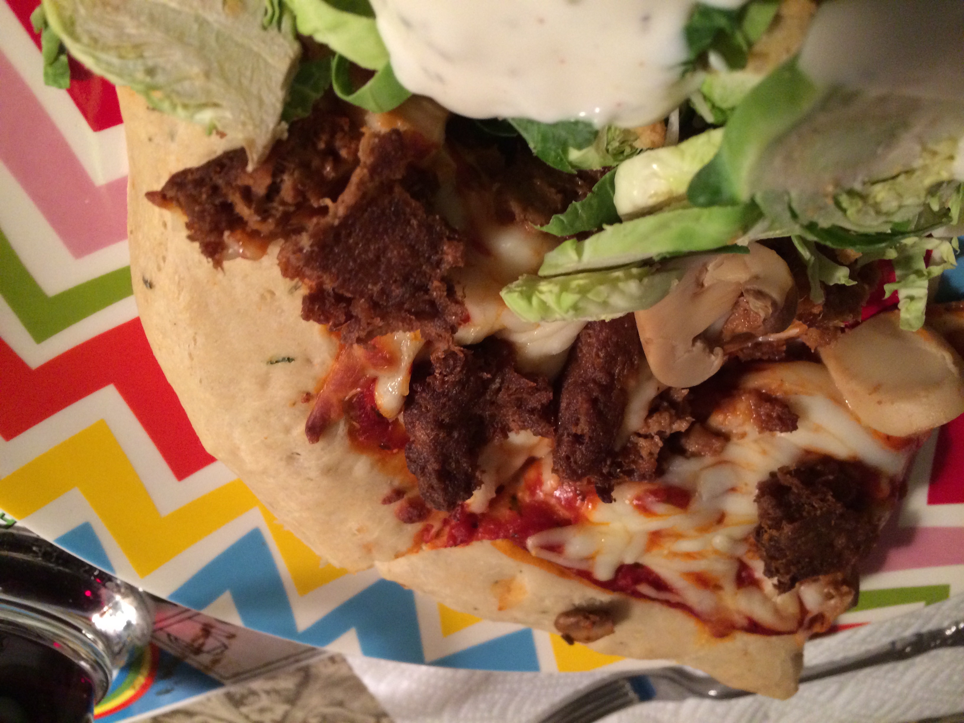 Vegetarian “Beef” Pizza With Salad.