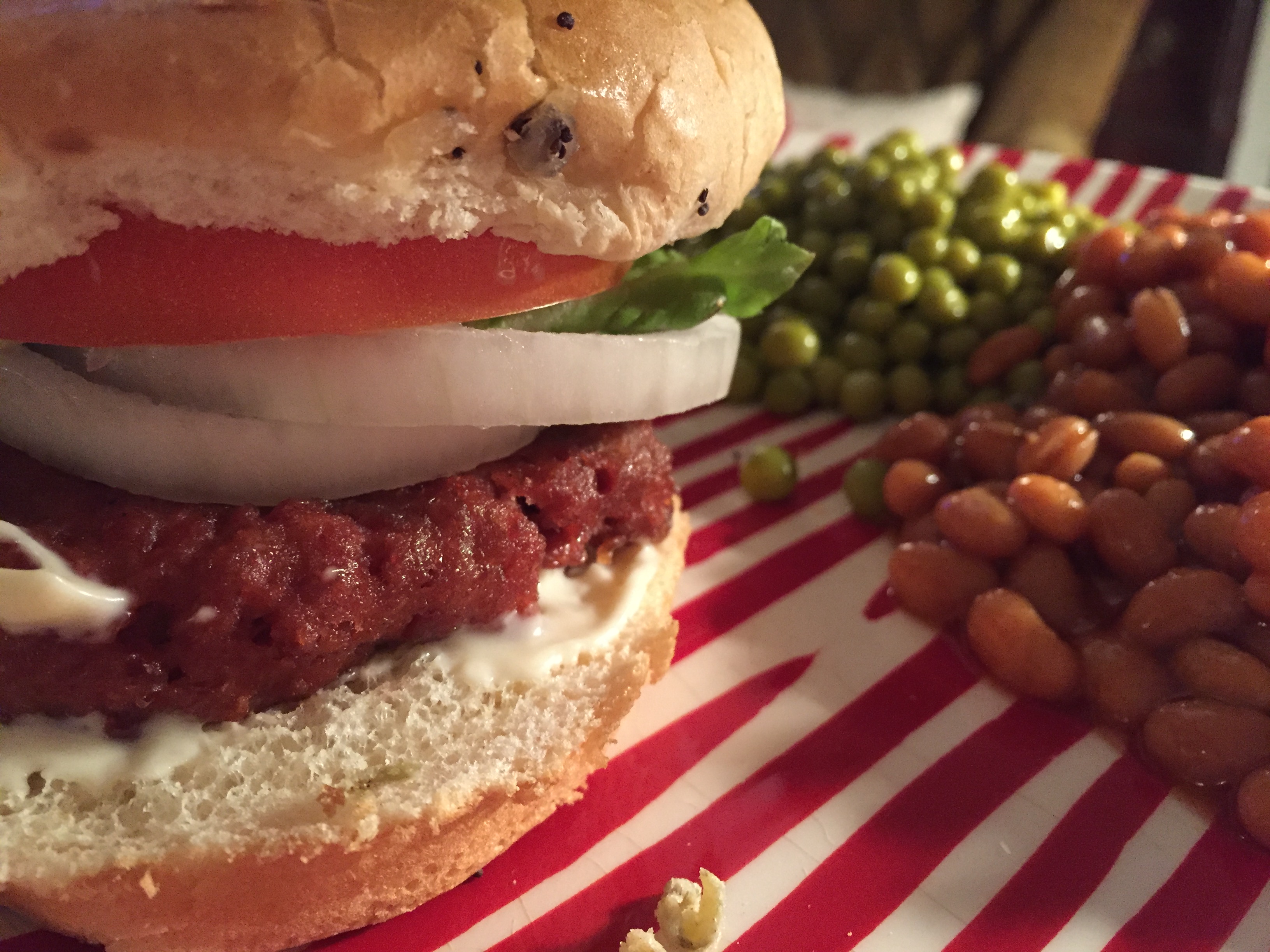 Sunday Cookout Beyond Meat Burgers With Peas and Baked Beans. The Kitchen Recessionista