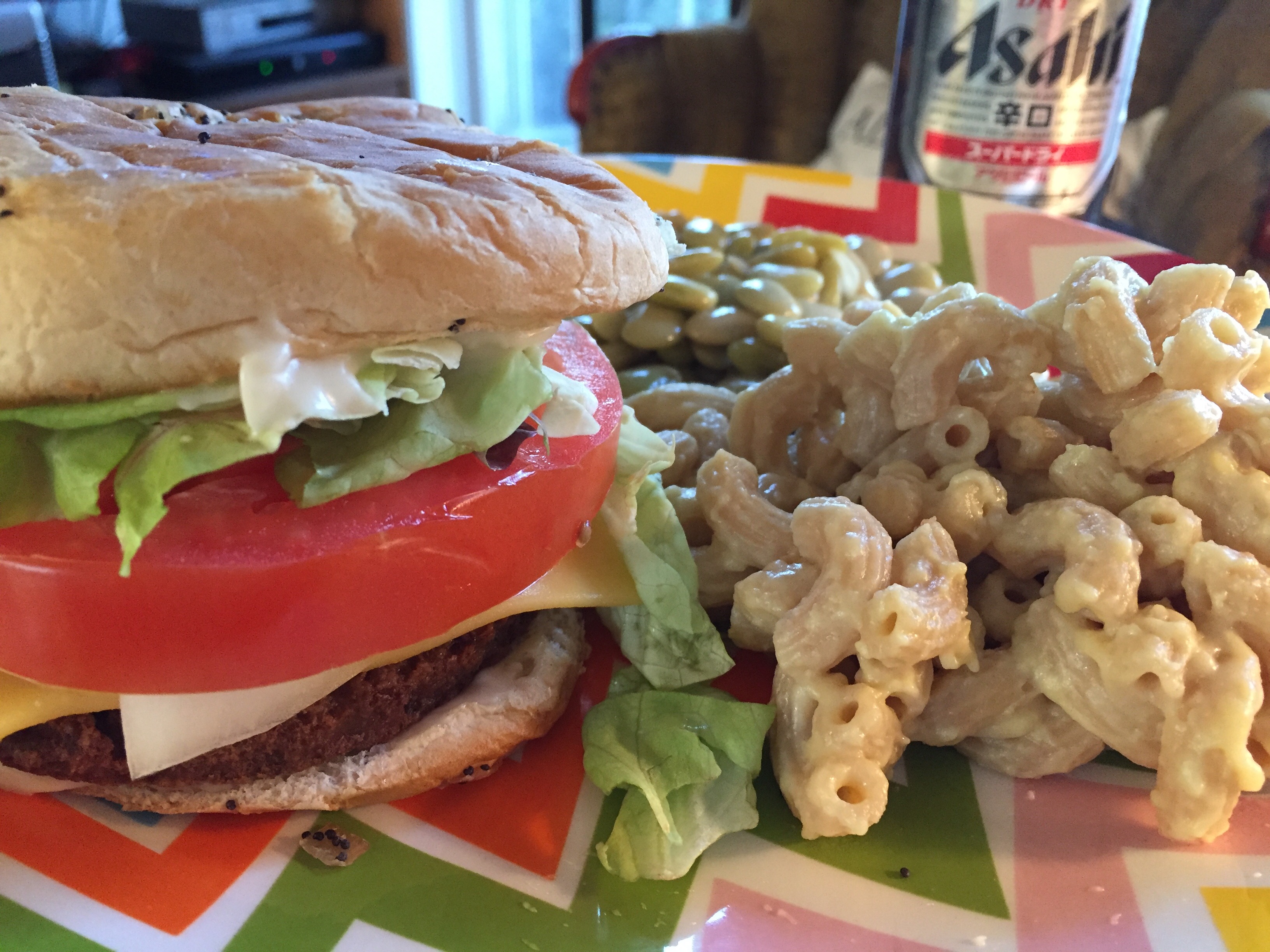 Sunday Cookout Veggie Burgers With Lima Beans and Vegan Mac & Cheese.